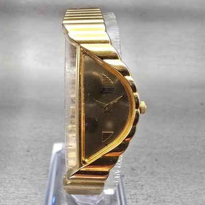 Seiko Halfmoon Watch Women 14mm Gold Dial Gold Tone Asymmetrical New Battery NEW0