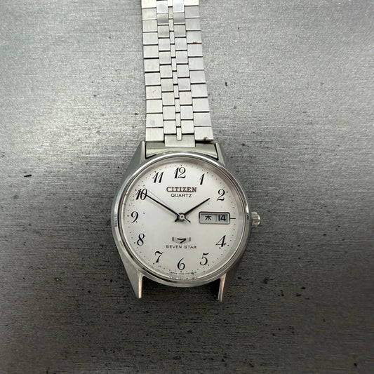 Citizen Seven Star Watch Men 35mm Silver Dial Silver Tone Daydate 4-140214 PARTS0