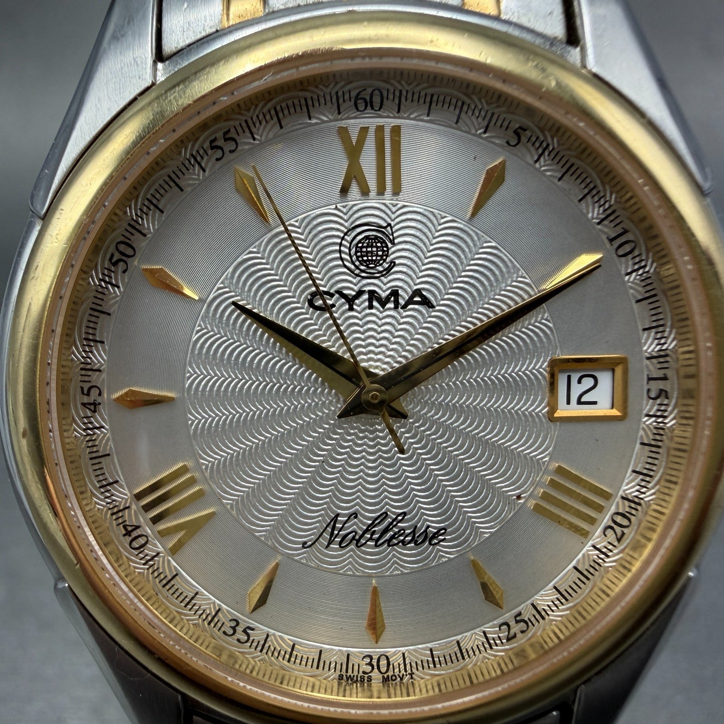 Cyma Noblesse Watch Men 37mm White Dial Two Tone Date Round 521 New Battery1