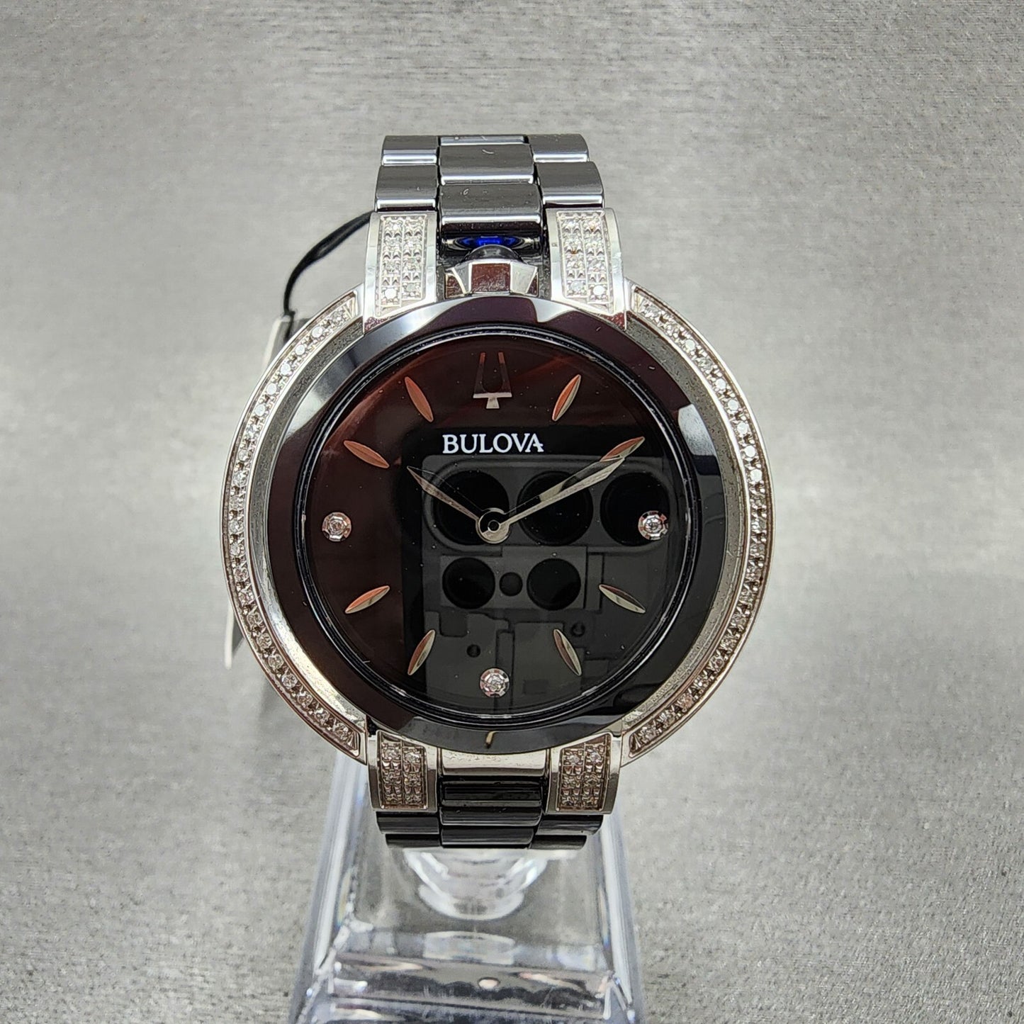 Bulova Rubaiyat Watch Women 35mm Black Dial Black Ceramic Diamond Bezel 98R2660