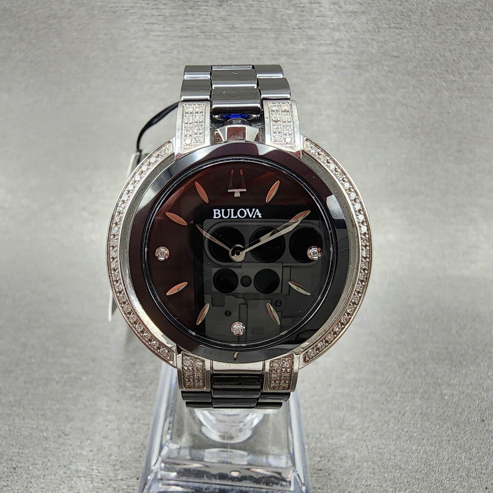 Bulova Rubaiyat Watch Women 35mm Black Dial Black Ceramic Diamond Bezel 98R2660