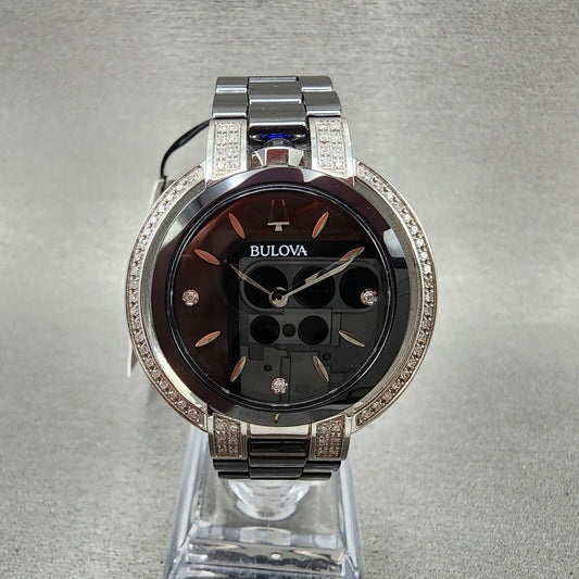 Bulova Rubaiyat Watch Women 35mm Black Dial Black Ceramic Diamond Bezel 98R2660
