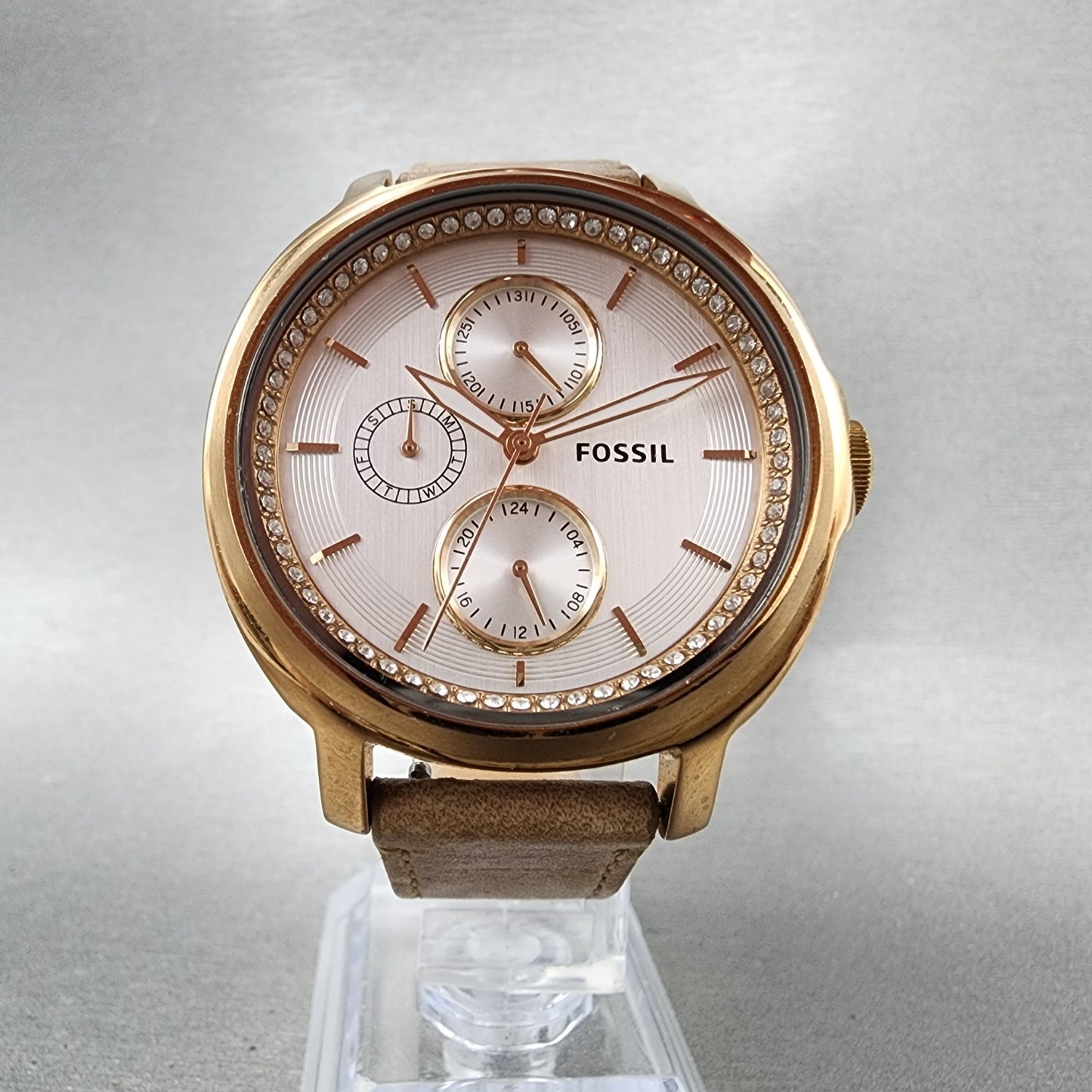 Fossil Chelsey Watch Women 40mm Silver Dial Rose Gold Tone Daydate Round NewBatt5