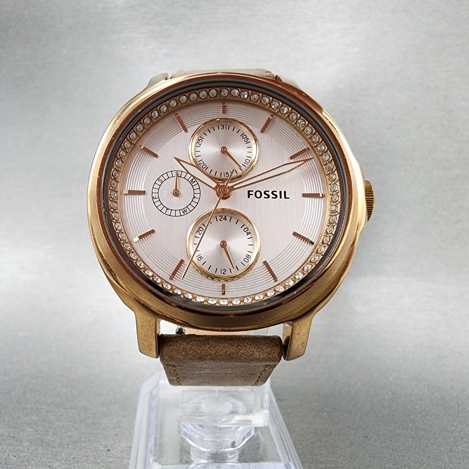 Fossil Chelsey Watch Women 40mm Silver Dial Rose Gold Tone Daydate Round NewBatt5