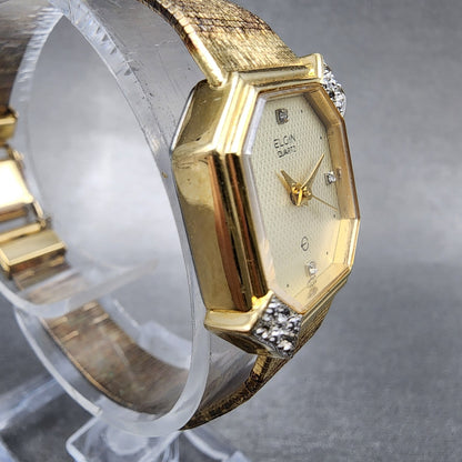 Elgin Watch Women 21mm Champagne Dial Gold Tone Octagon Diamond bezel New Batt3
