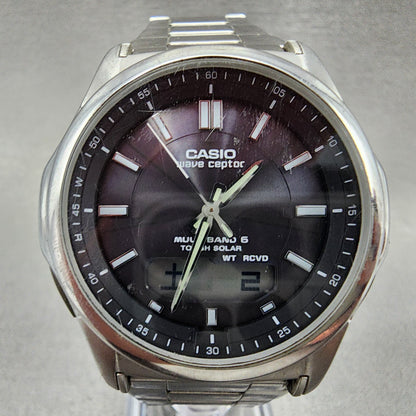 Casio Wave Ceptor  Watch Men 42mm Black Dial Steel Analog Digital Solar Runs B12