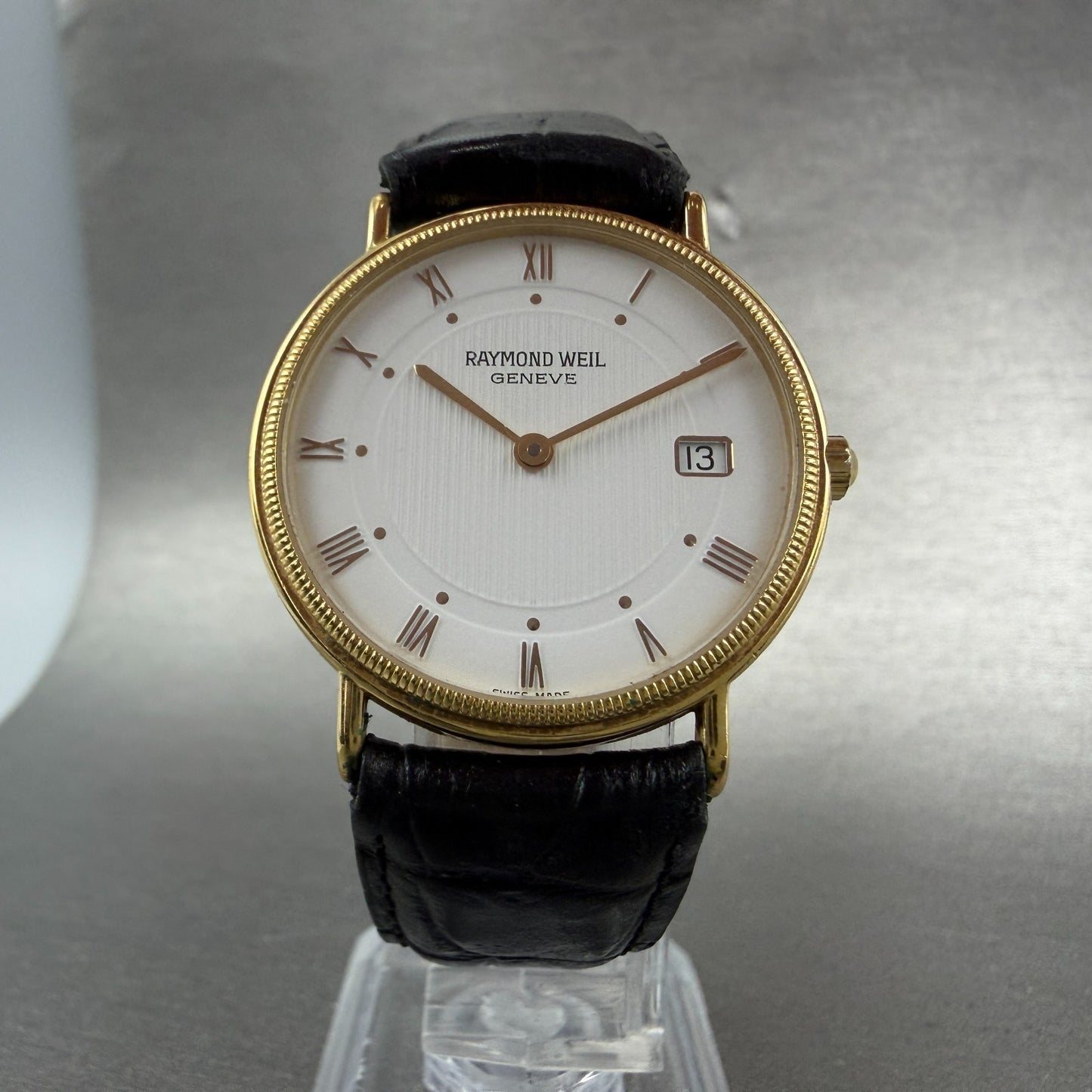 Raymond Weil Watch Men 32mm White Dial Gold Plated Date Round 5514-1 New Battery5