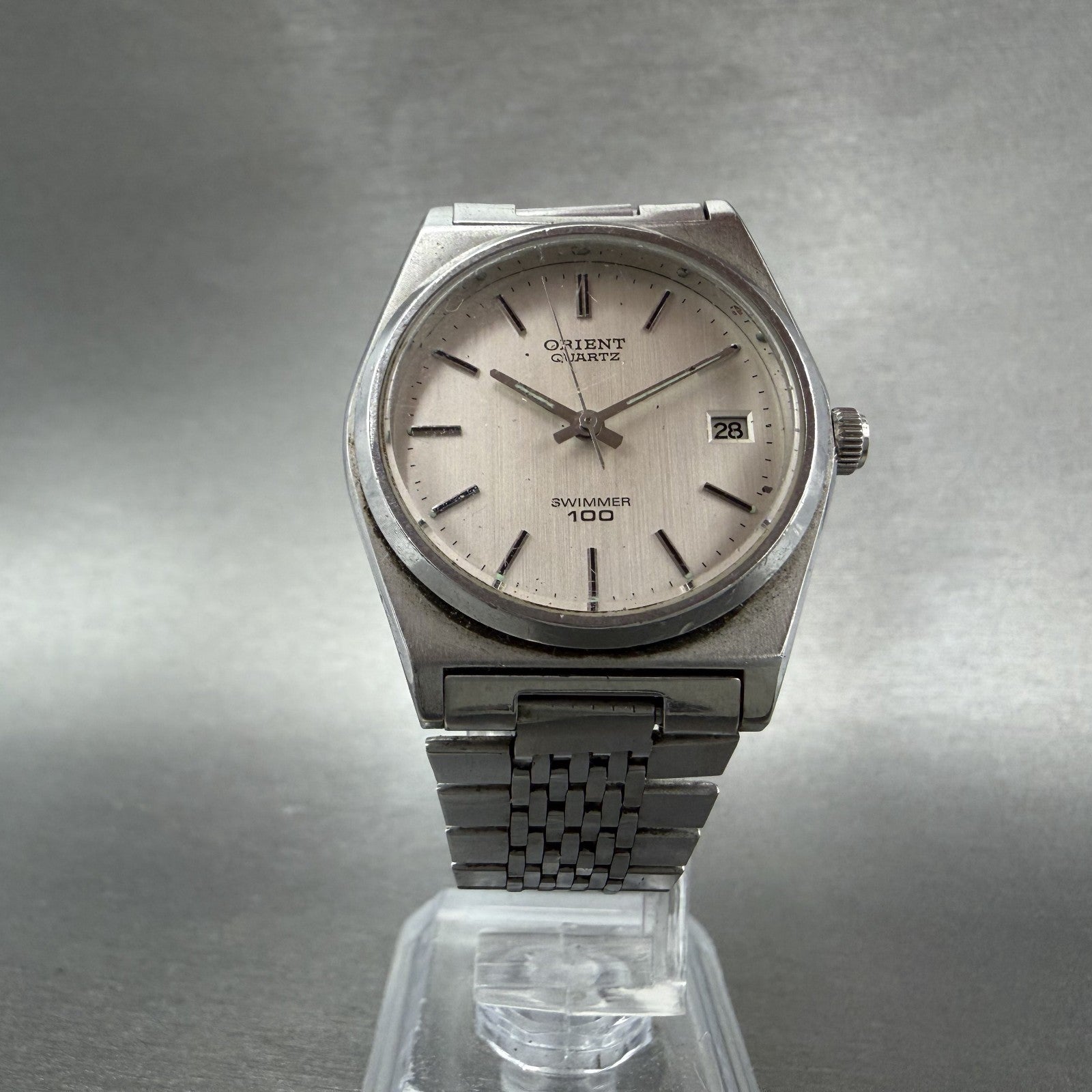 Orient Swimmer Watch Men 32mm Silver Dial Silver Tone Date Round New Battery5