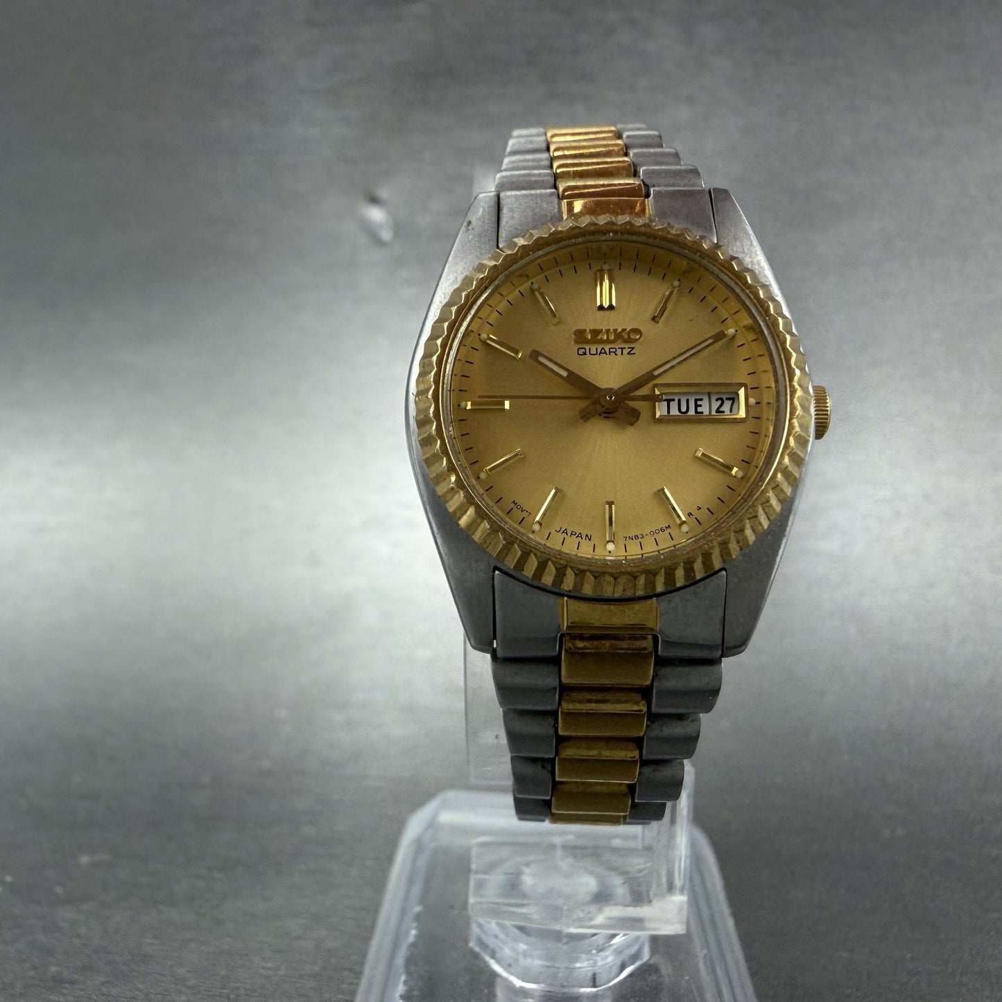 Seiko Watch Women 24mm Gold Dial Two Tone Daydate Round 7n83-0041 New Battery K45
