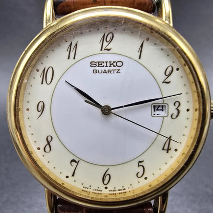 Seiko Watch Men 34mm White Cream Dial Gold Tone Date 7N22-8A09 PARTS2