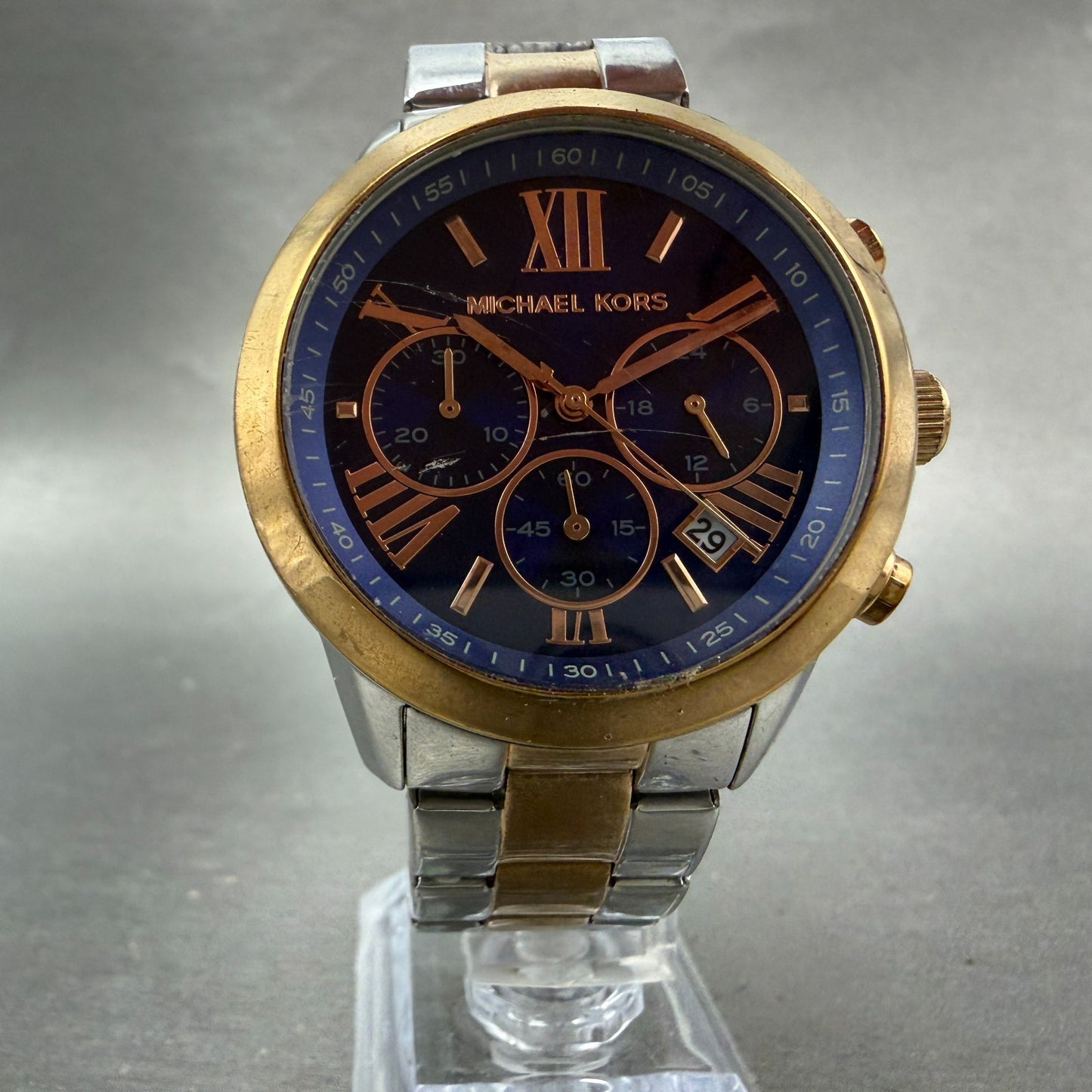 Michael kors Bradshaw Chrono Watch Women 40mm Blue Dial Two Tone MK-6389 New Bat5