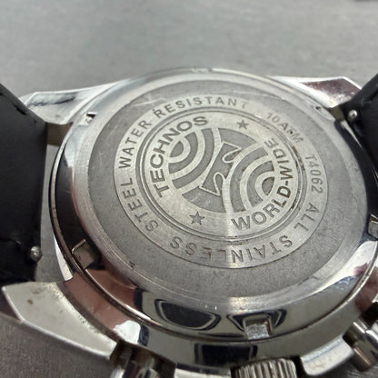 Technos Chronograph Watch Men 42mm Black Dial Silver Tone Round T4062 New Batt A9