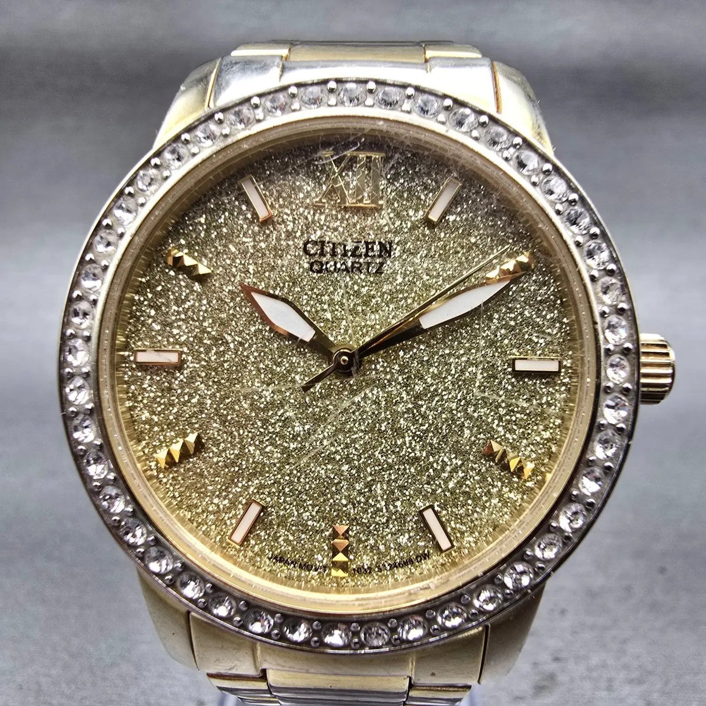 Citizen Watch Women 35mm Gold Dial Gold Tone Gemmed Round 1032-S086248 New Batt1