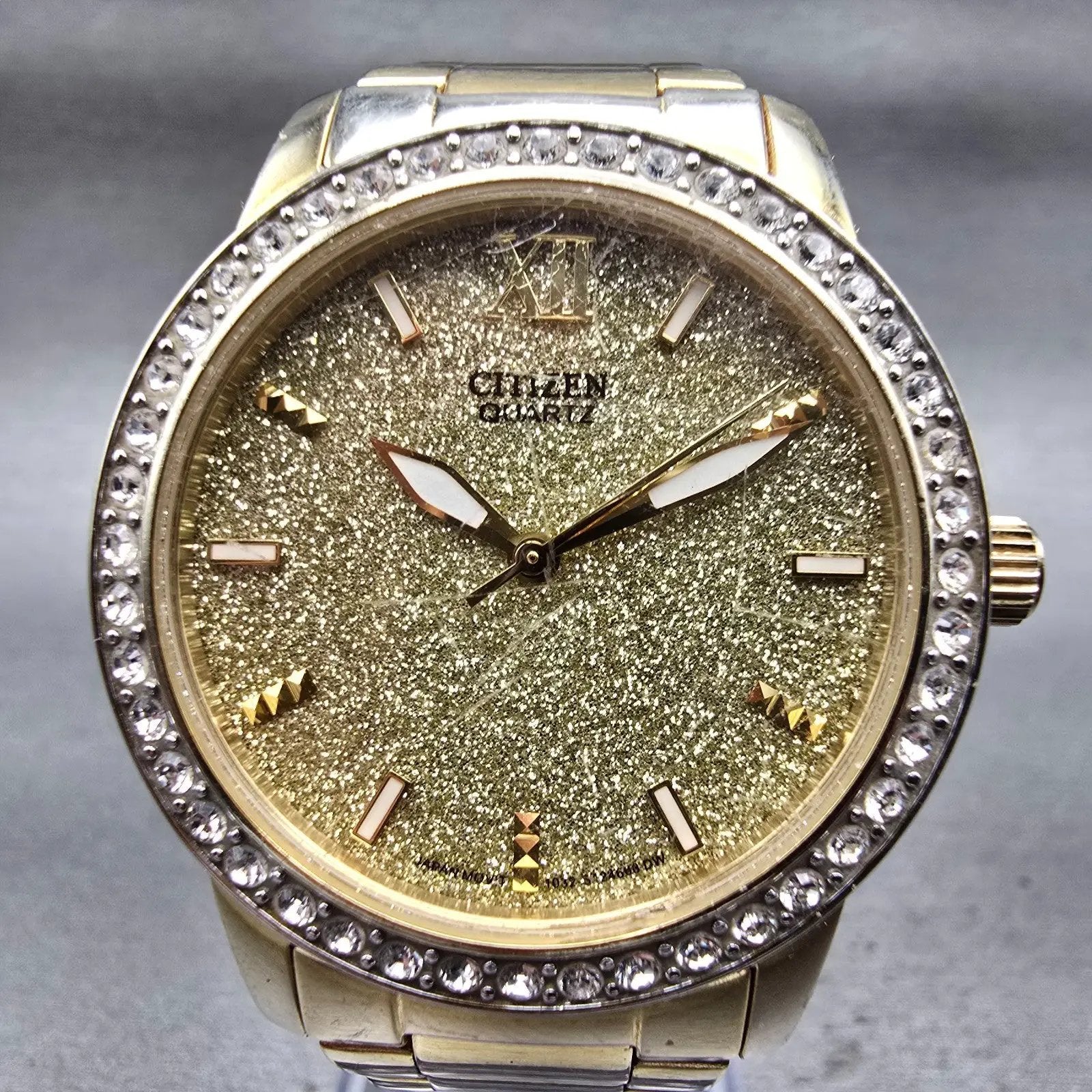 Citizen Watch Women 35mm Gold Dial Gold Tone Gemmed Round 1032-S086248 New Batt1