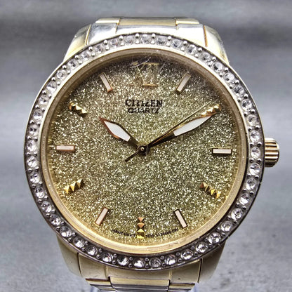 Citizen Watch Women 35mm Gold Dial Gold Tone Gemmed Round 1032-S086248 New Batt1