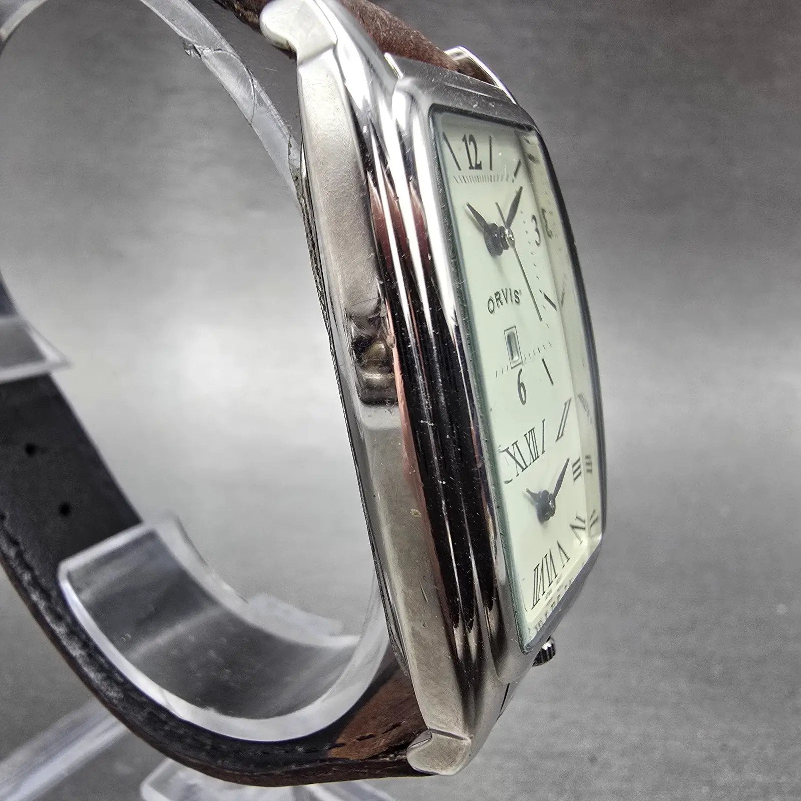 Orvis Dual Time Tank Watch Men 29mm Cream Dial Silver Tone Leather New Battery3