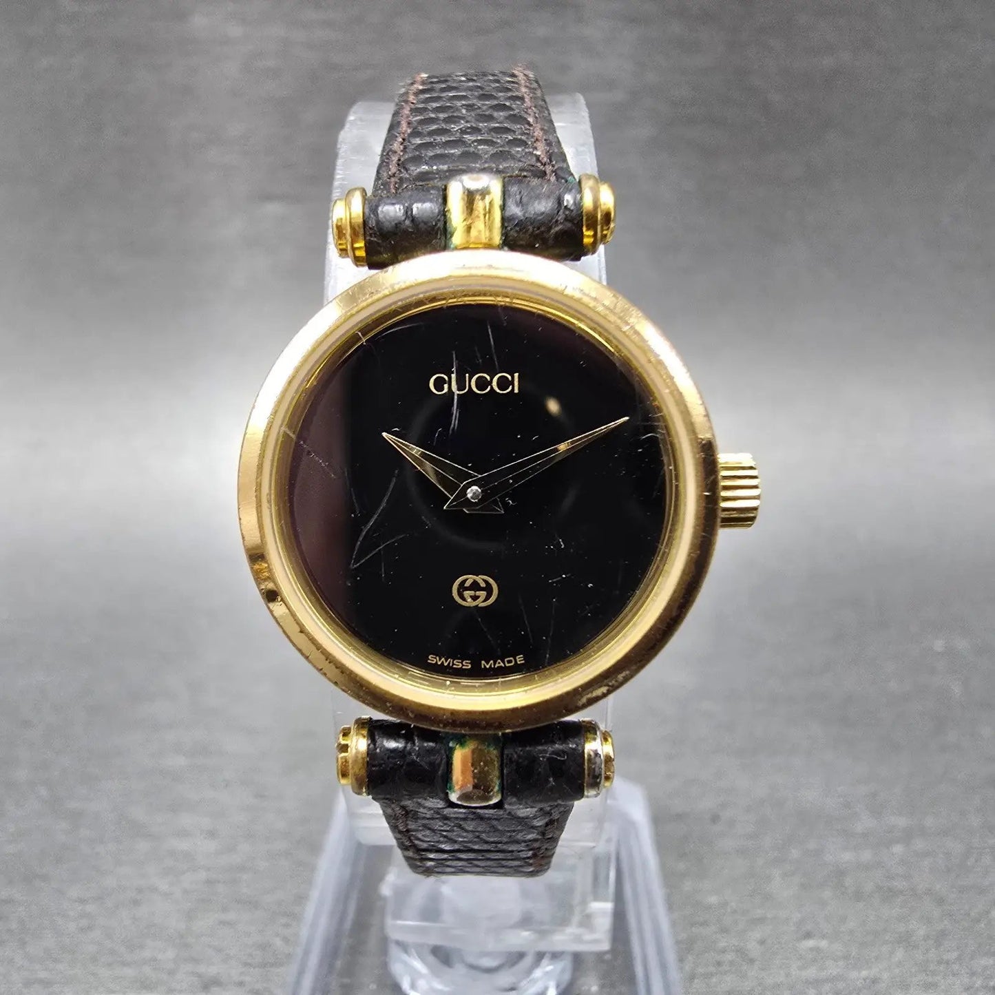 Gucci 2000L Watch Women 22mm Black Dial Gold Plated Round New Battery VTG BQWE0