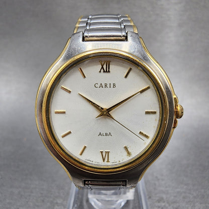Seiko Alba Carib Watch Men 34mm White Dial Two Tone Round V7216a60 New Battery0