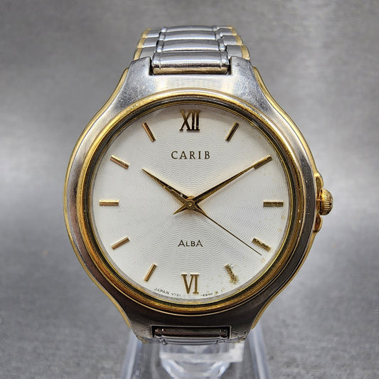 Seiko Alba Carib Watch Men 34mm White Dial Two Tone Round V7216a60 New Battery0