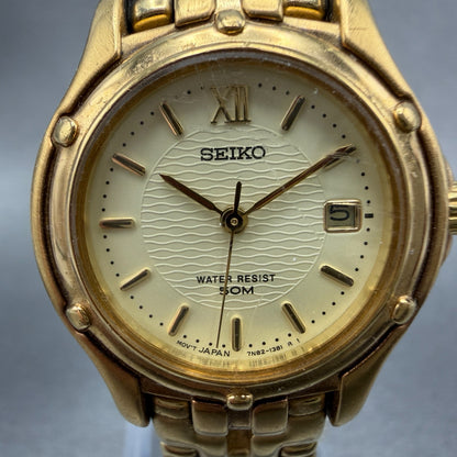 Seiko Watch Women 26mm Champagne Dial Gold Tone Date Round 7n82-0599 New Batt M61
