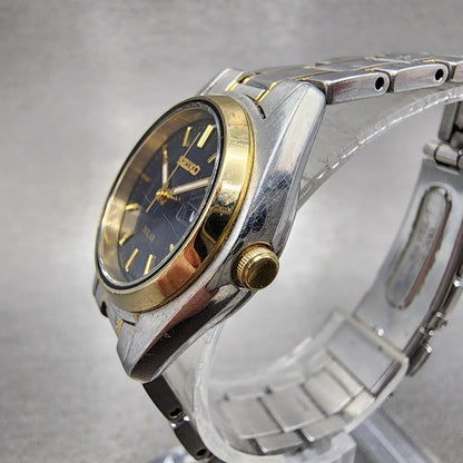 Seiko Solar Watch Women 25mm Blue Dial Two Tone Daydate Round V138-0AA0 Runs