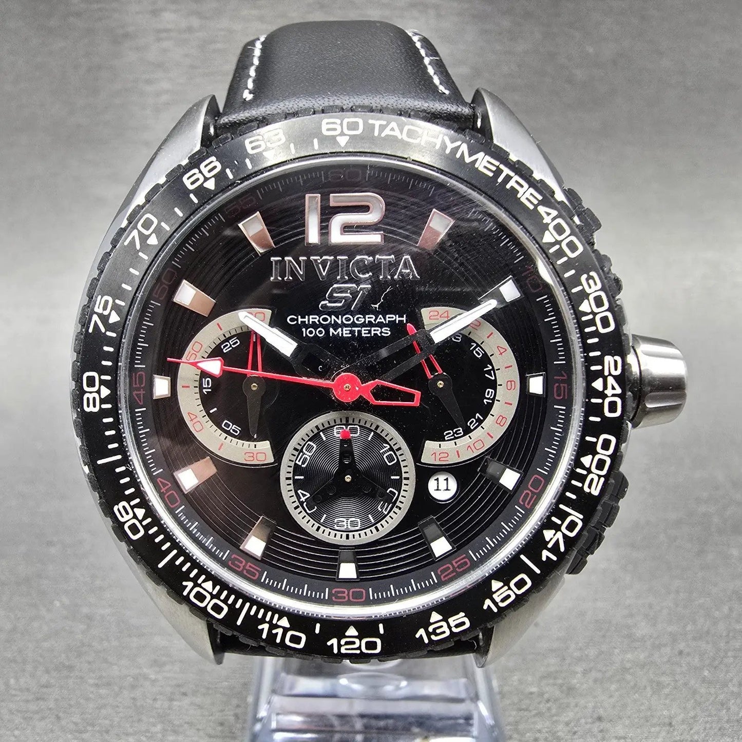 Invicta S1 Chronograph Watch Men 48mm Black Dial Silver Tone Date 1453 New Batt0