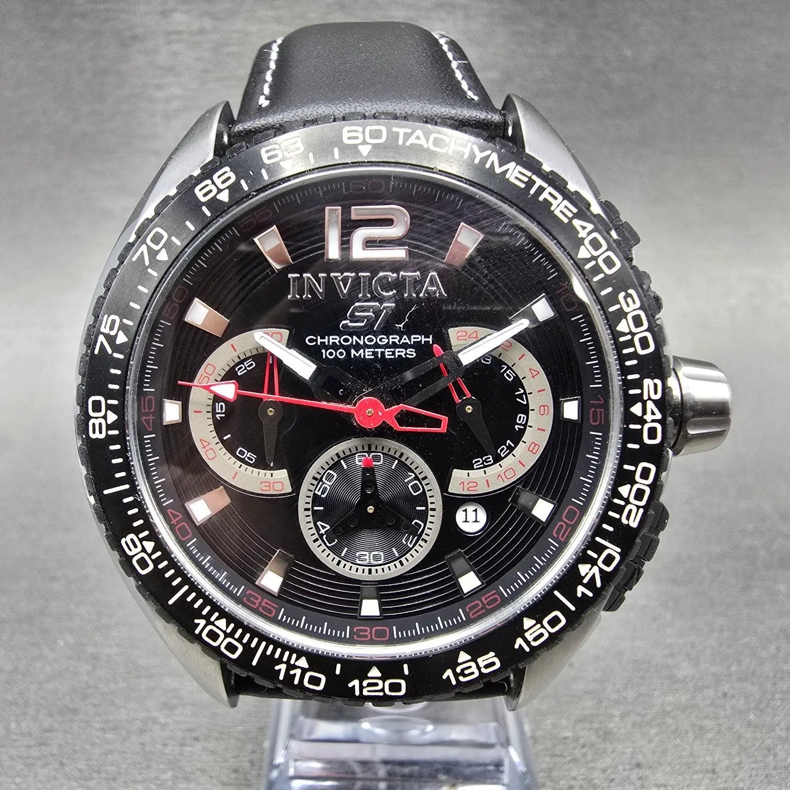Invicta S1 Chronograph Watch Men 48mm Black Dial Silver Tone Date 1453 New Batt0