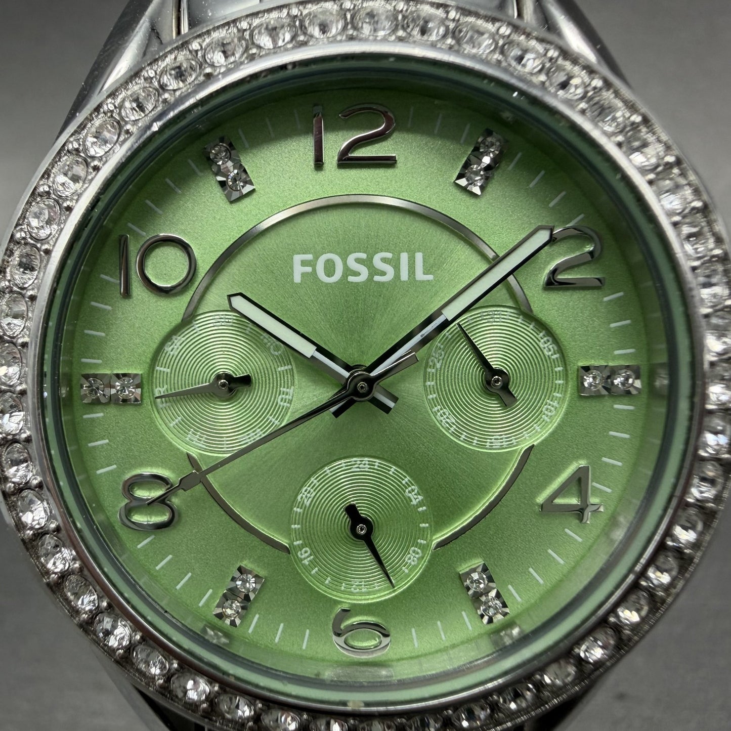 Fossil Riley Watch Women 39mm Green Dial Silver Tone Daydate Round ES3725 NewBat1