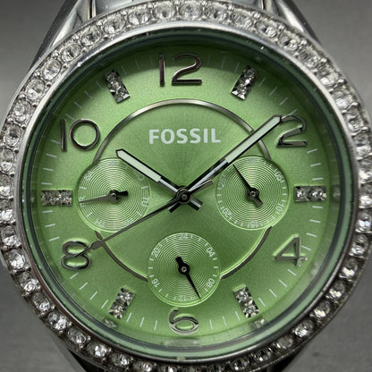 Fossil Riley Watch Women 39mm Green Dial Silver Tone Daydate Round ES3725 NewBat1