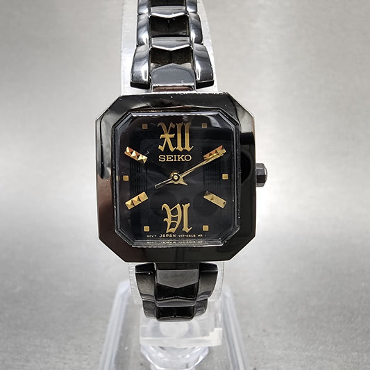 Seiko Solar Tank Watch Women 22mm Black Dial Black Tone Rectangle V1170AE0 Runs0