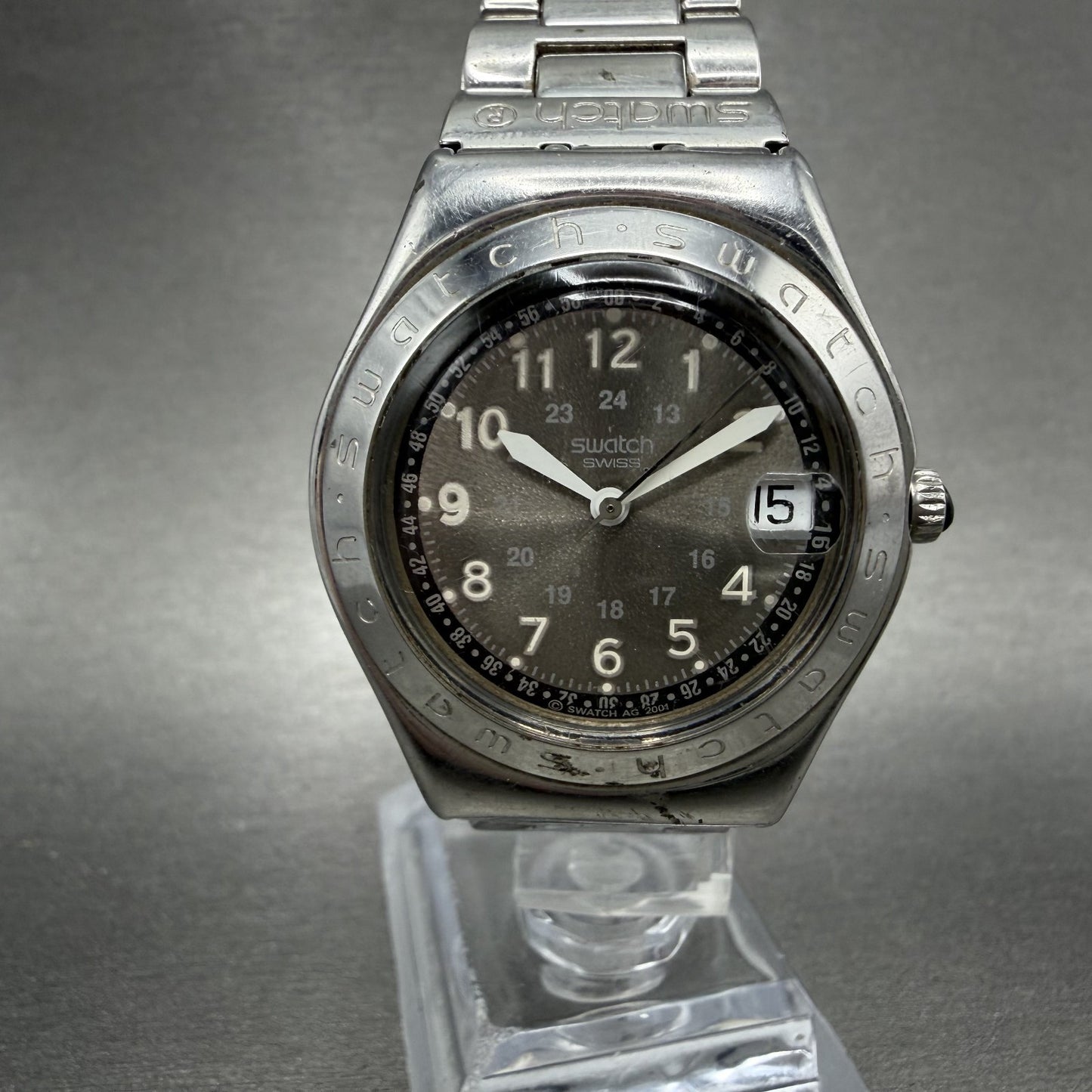 Swatch Irony Happy Joe Watch Women 33m Silver Dial Silver Tone Date Round Newbat0