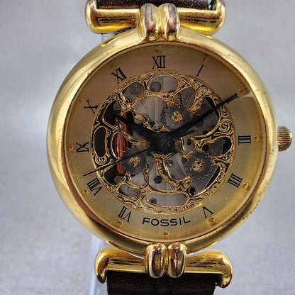 Fossil Watch Women 32mm Champagne Dial Skeleton Dial gold Tone Round New Batt1