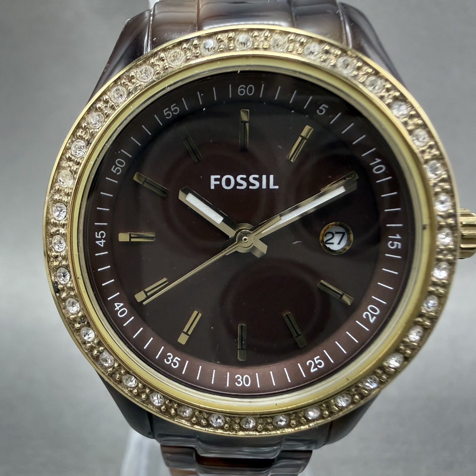Fossil Stella Mini Watch Women 31mm Brown Dial Brown Tortoise Date ES-2922 Runs1