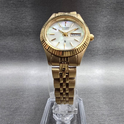 Citizen CQ Watch Women 25mm MOP Dial Gold Daydate 1002-R15101 New Battery JT5