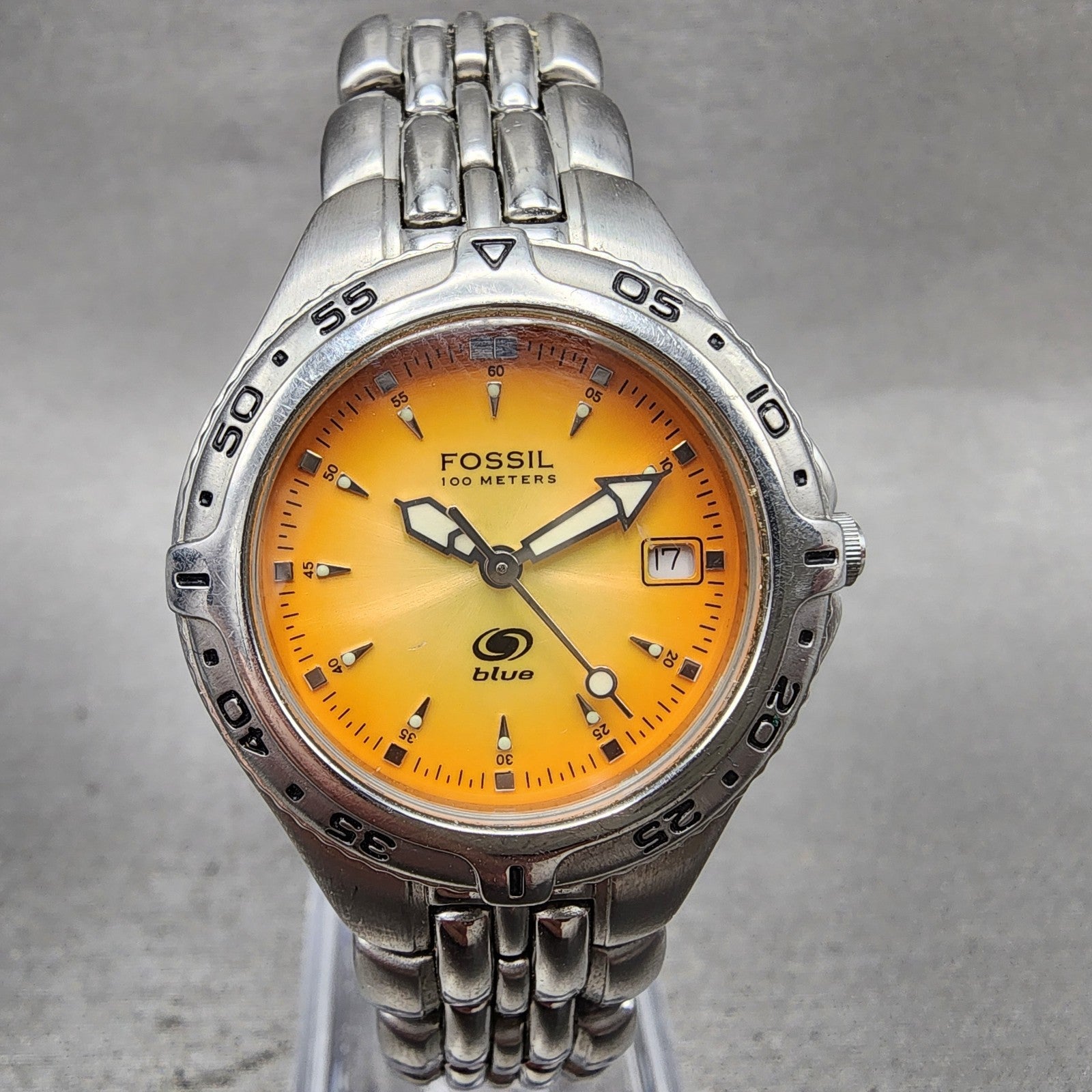 Fossil Blue Dive Watch Women 30mm Orange Dial Silver Tone Date AM3578 New Batt0