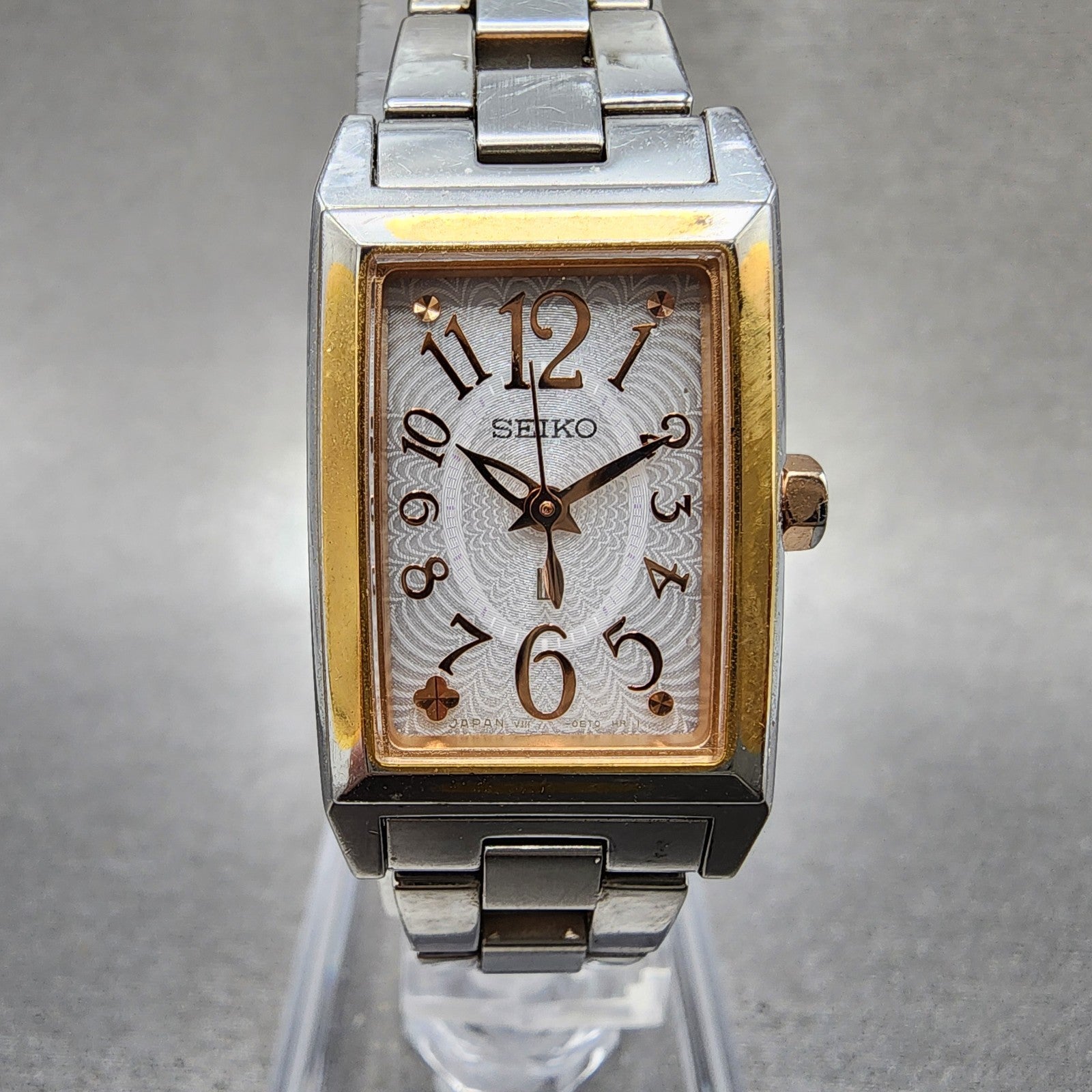 Seiko Solar Tank Watch Women 19mm White Dial Two Tone Rectangle Lukia V111 RunsA0