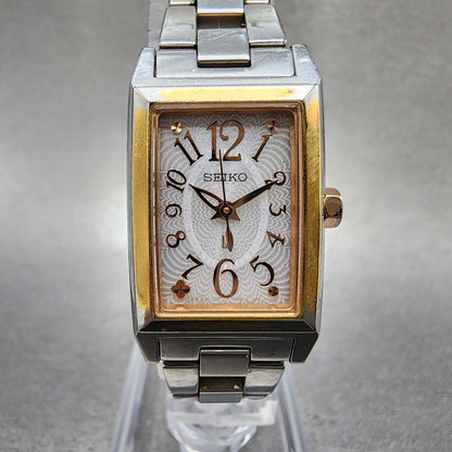 Seiko Solar Tank Watch Women 19mm White Dial Two Tone Rectangle Lukia V111 RunsA0