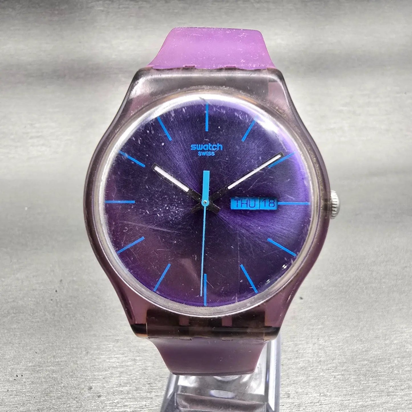 Swatch PURPLE REBEL Watch Men Purple Dial Purple Daydate SUOV702 New Battery0