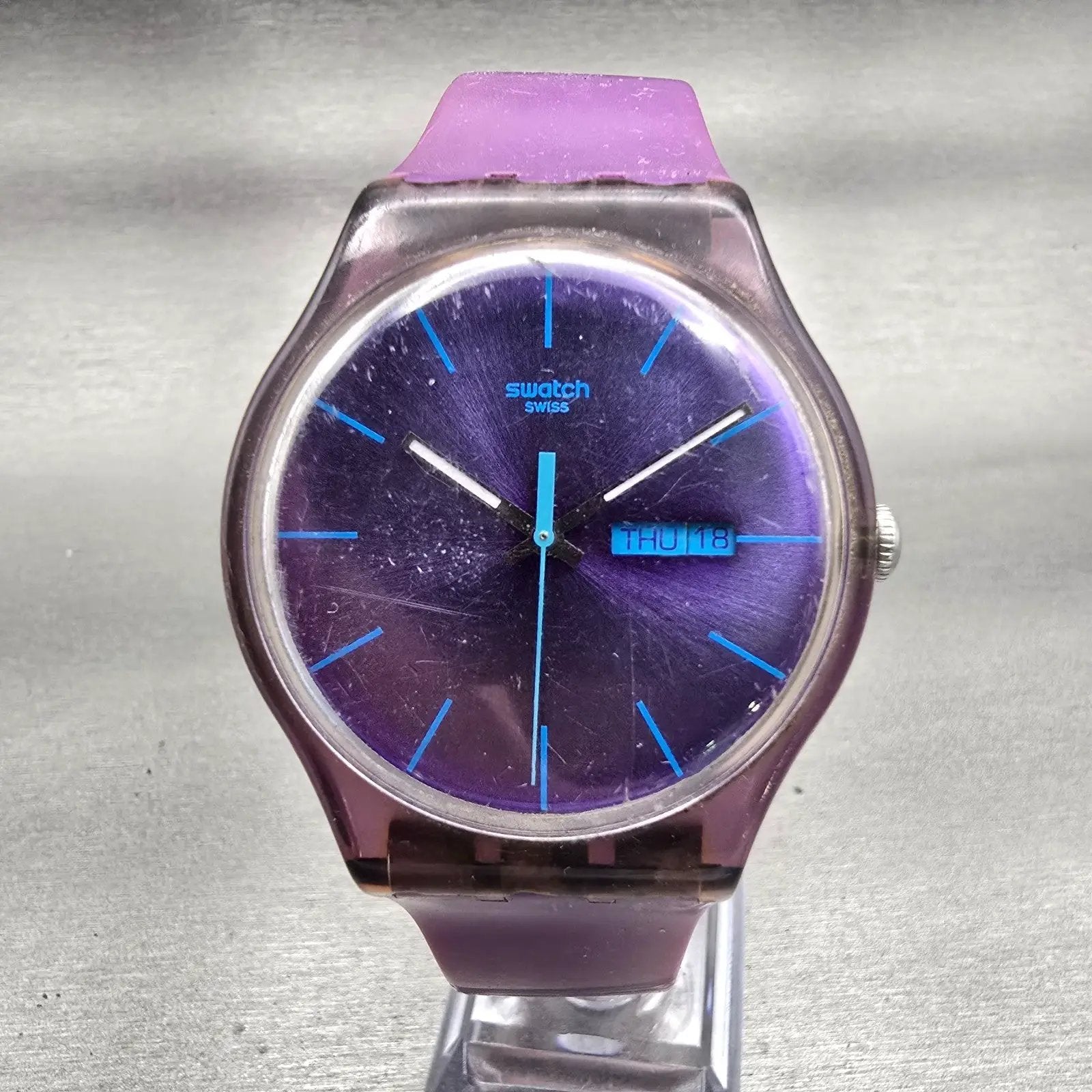 Swatch PURPLE REBEL Watch Men Purple Dial Purple Daydate SUOV702 New Battery0