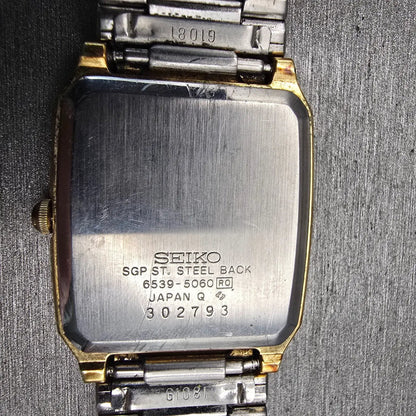 Seiko Watch Men 27mm Gold Dial Gold Tone Date Rectangle 6539-5060 New Battery10