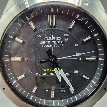 Casio WVA-470 Watch Men 42mm Black Silver Wave Ceptor Alarm Chronograph Round1