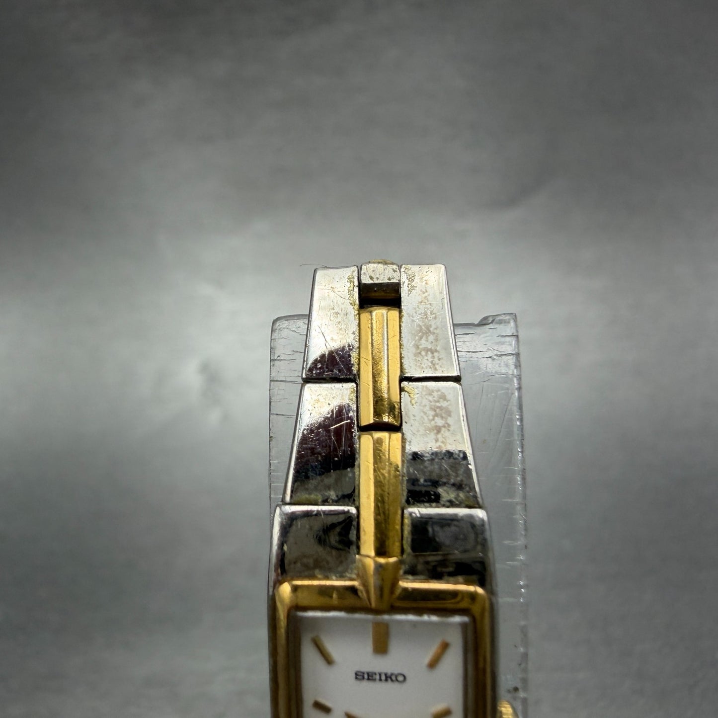Seiko Watch Women 12mm White Dial Two Tone Rectangle 2E20-7479 New Battery JHK124
