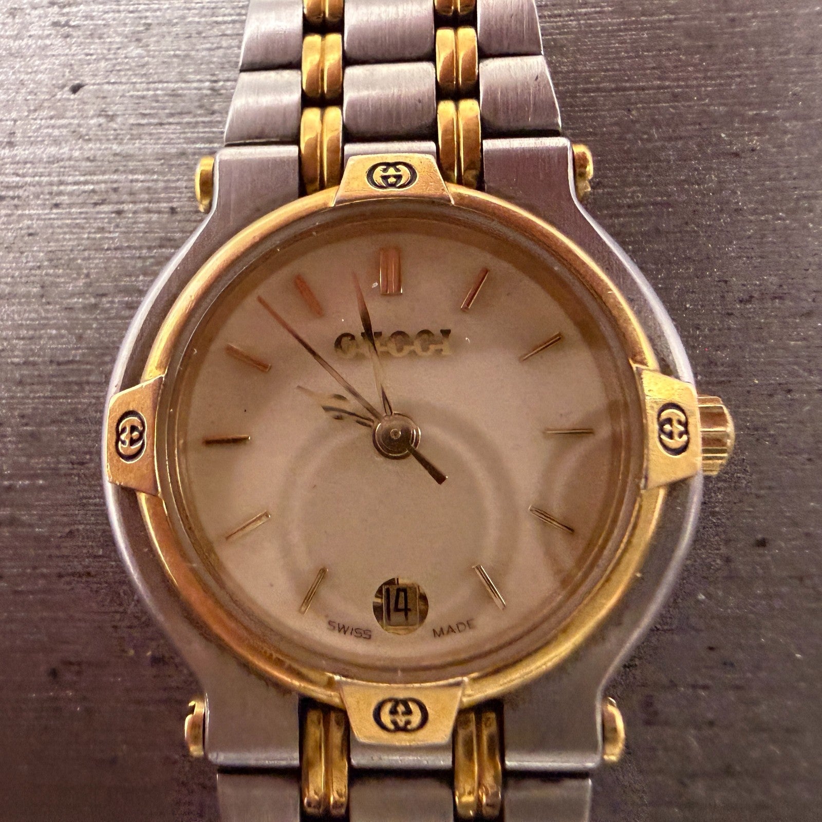 Gucci 9000L Watch Women 25mm Cream Dial Two Tone Date Round NO CASEBACK PARTS2