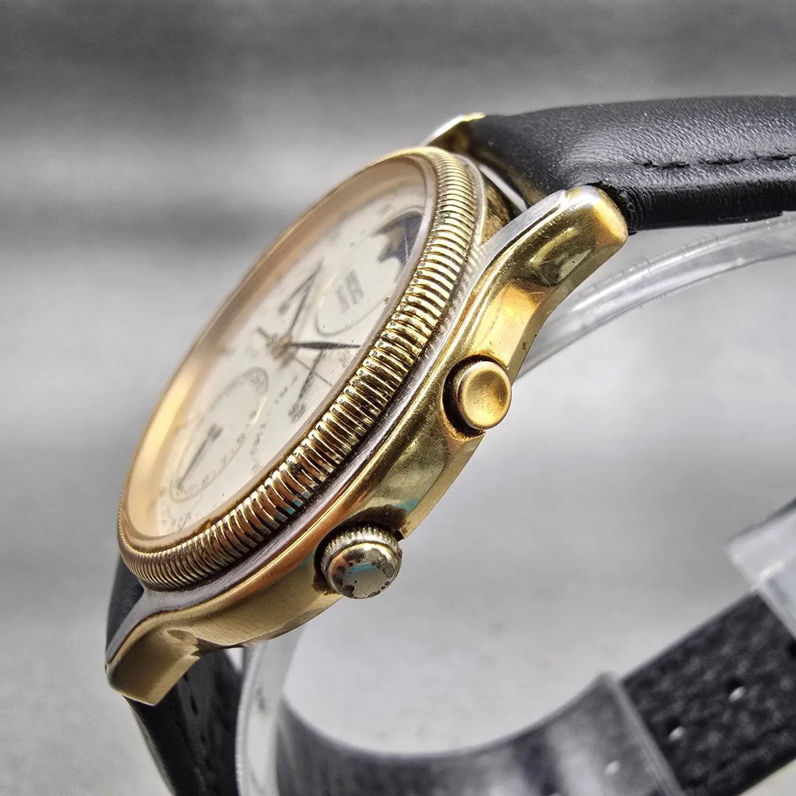 Seiko Moon Phase Watch Men 34mm Ivory Dial Gold Tone Daydate 7F39-6029 New Batt2