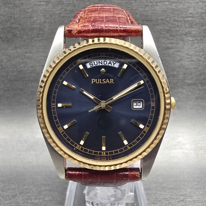 Pulsar President Mens Watch 35mm Blue Dial Two Tone Daydate V744-X004 New Batt0