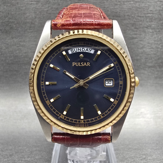 Pulsar President Mens Watch 35mm Blue Dial Two Tone Daydate V744-X004 New Batt0