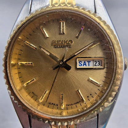 Seiko Watch Women 24mm Gold Dial Two Tone Daydate Round 7N83-0041 New Battery1