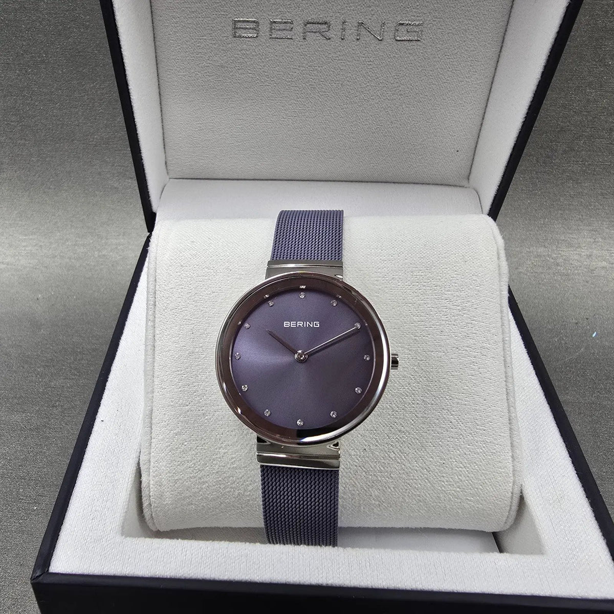 Bering Classic Watch Women 31mm Purple Dial Silver Purple Mesh Band Round Works20
