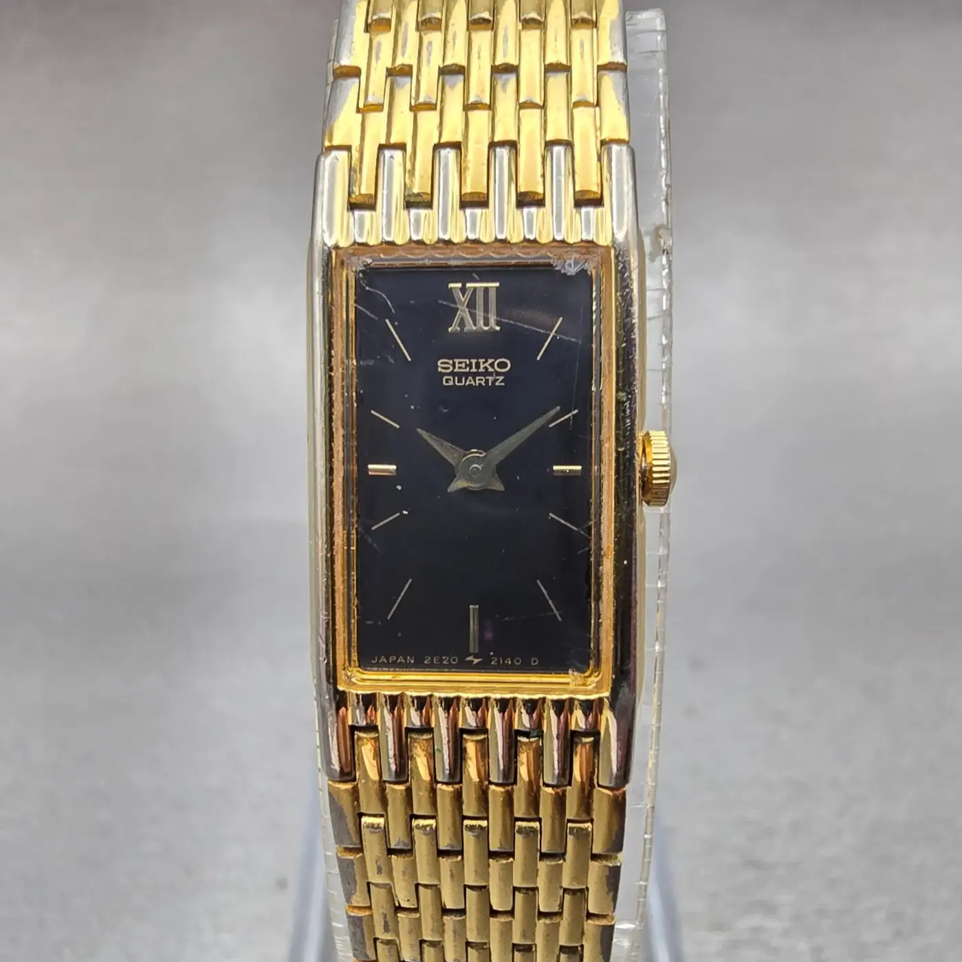 Seiko Watch Women 13mm Black Dial Gold Tone Rectangle 2E20-6709 New Battery VTG0