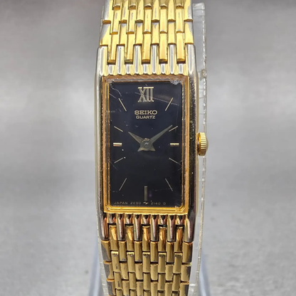 Seiko Watch Women 13mm Black Dial Gold Tone Rectangle 2E20-6709 New Battery VTG0
